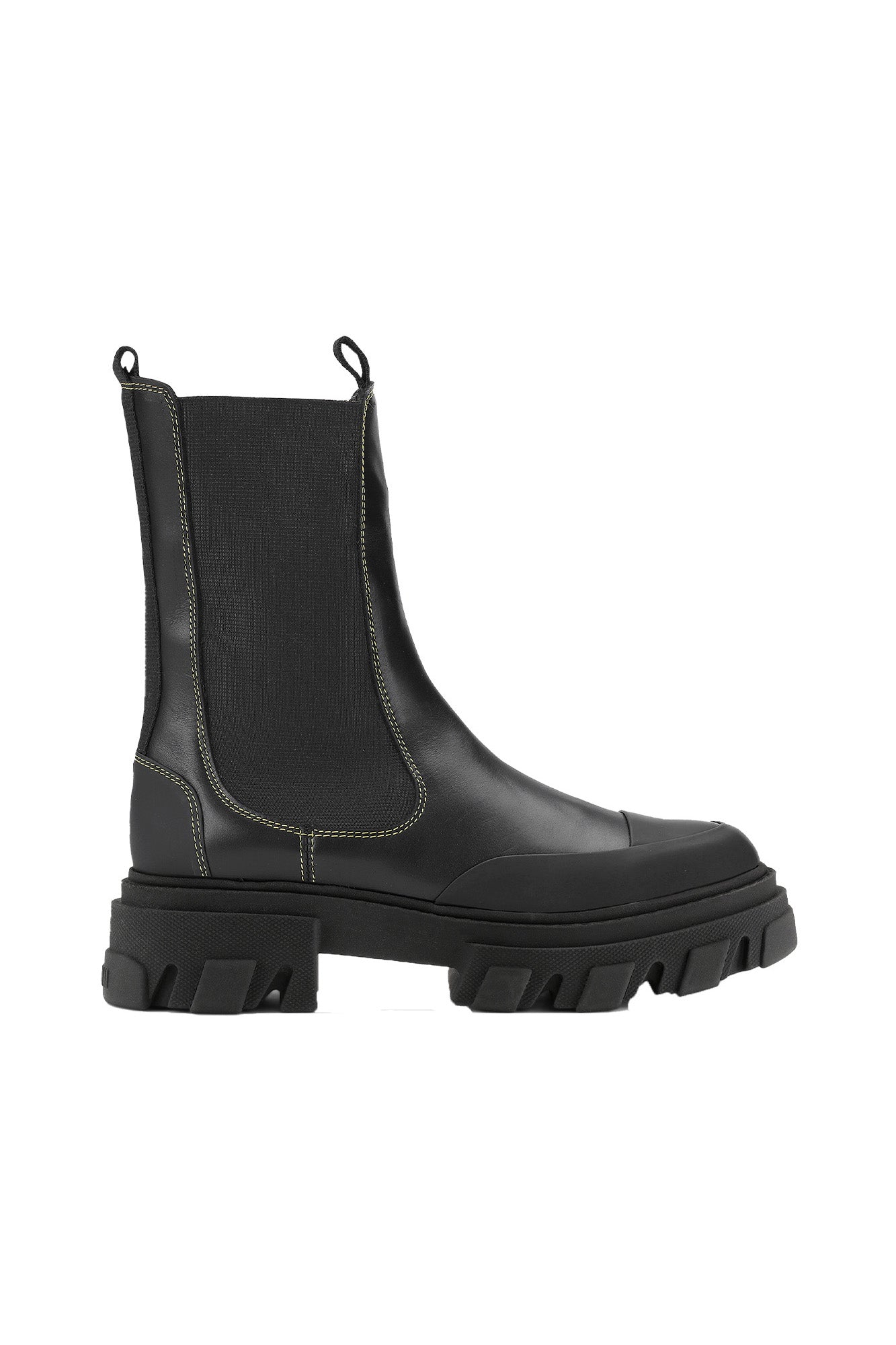 Yellow Stitched Mid Chelsea Boots | Black