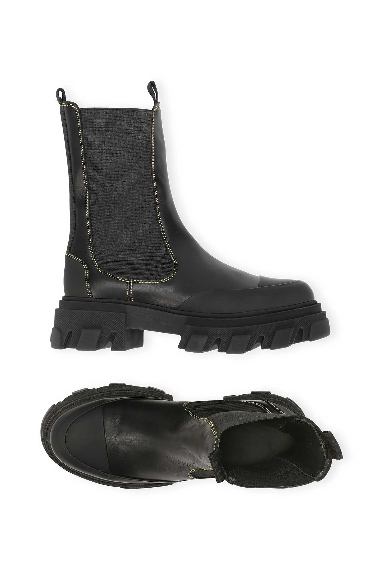 Yellow Stitched Mid Chelsea Boots | Black
