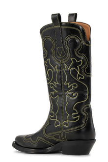 Mid Shaft Embroidered Western Boot | Black/Yellow