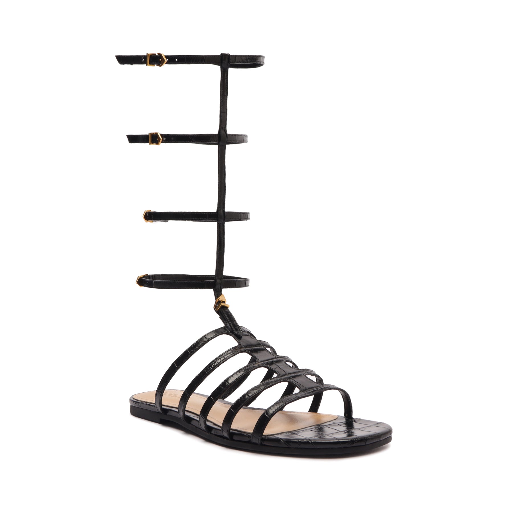 Hayden Crocodile-Embossed Leather Sandal | Black