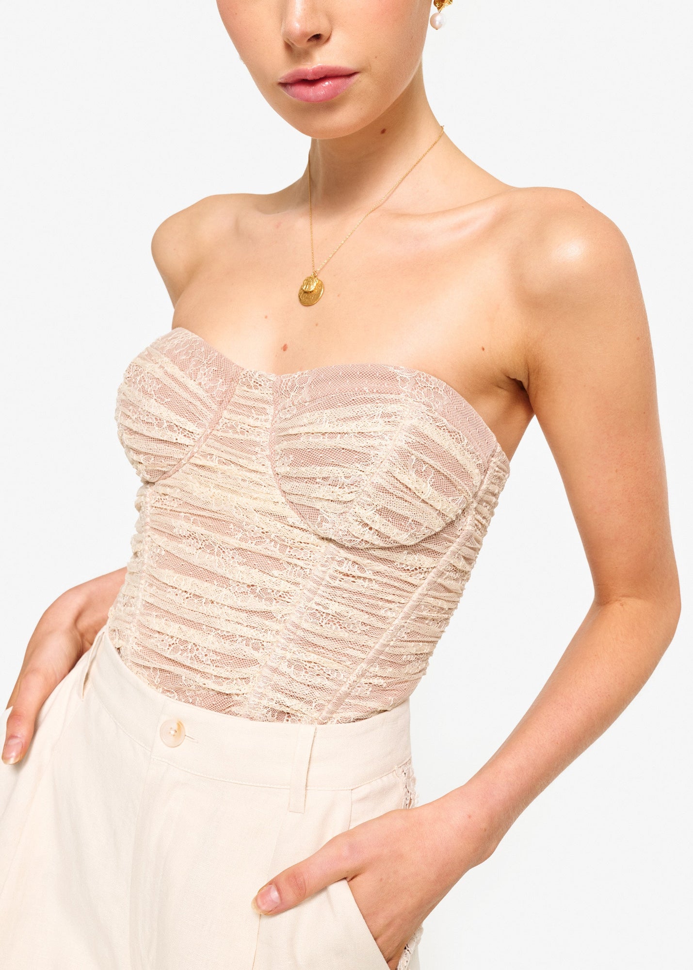 Rozana Strapless Lace Corset Bodysuit | Bone