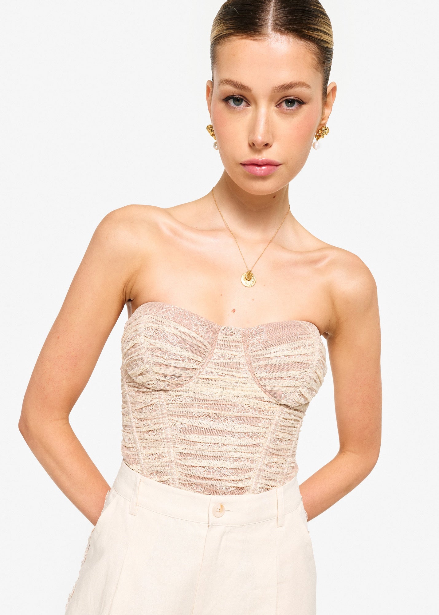 Rozana Strapless Lace Corset Bodysuit | Bone