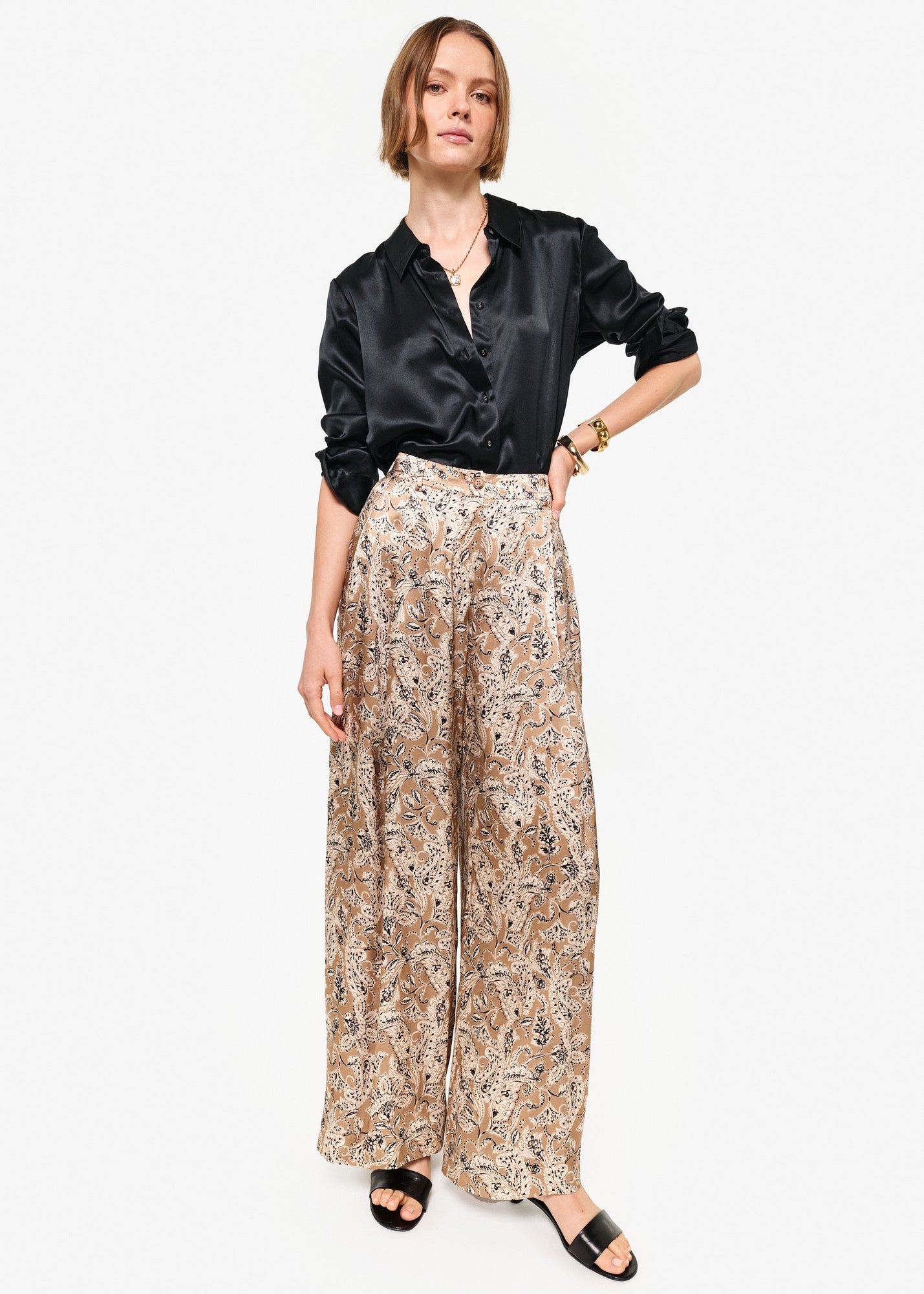 Fabian High Rise Charmeuse Pant | Neutral Paisley