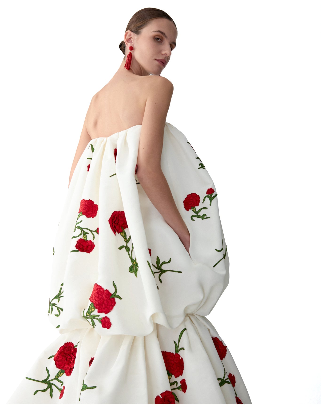 Embroidered Strapless Bubble Gown | Ivory Multi
