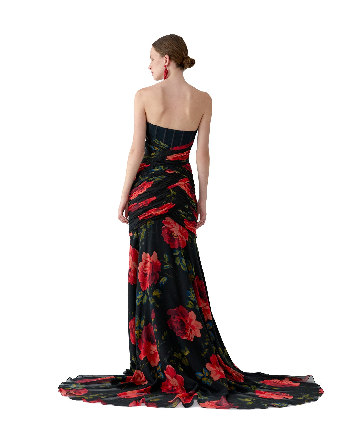 Strapless Exposed Bustier Gown With Ruching | Black Multi