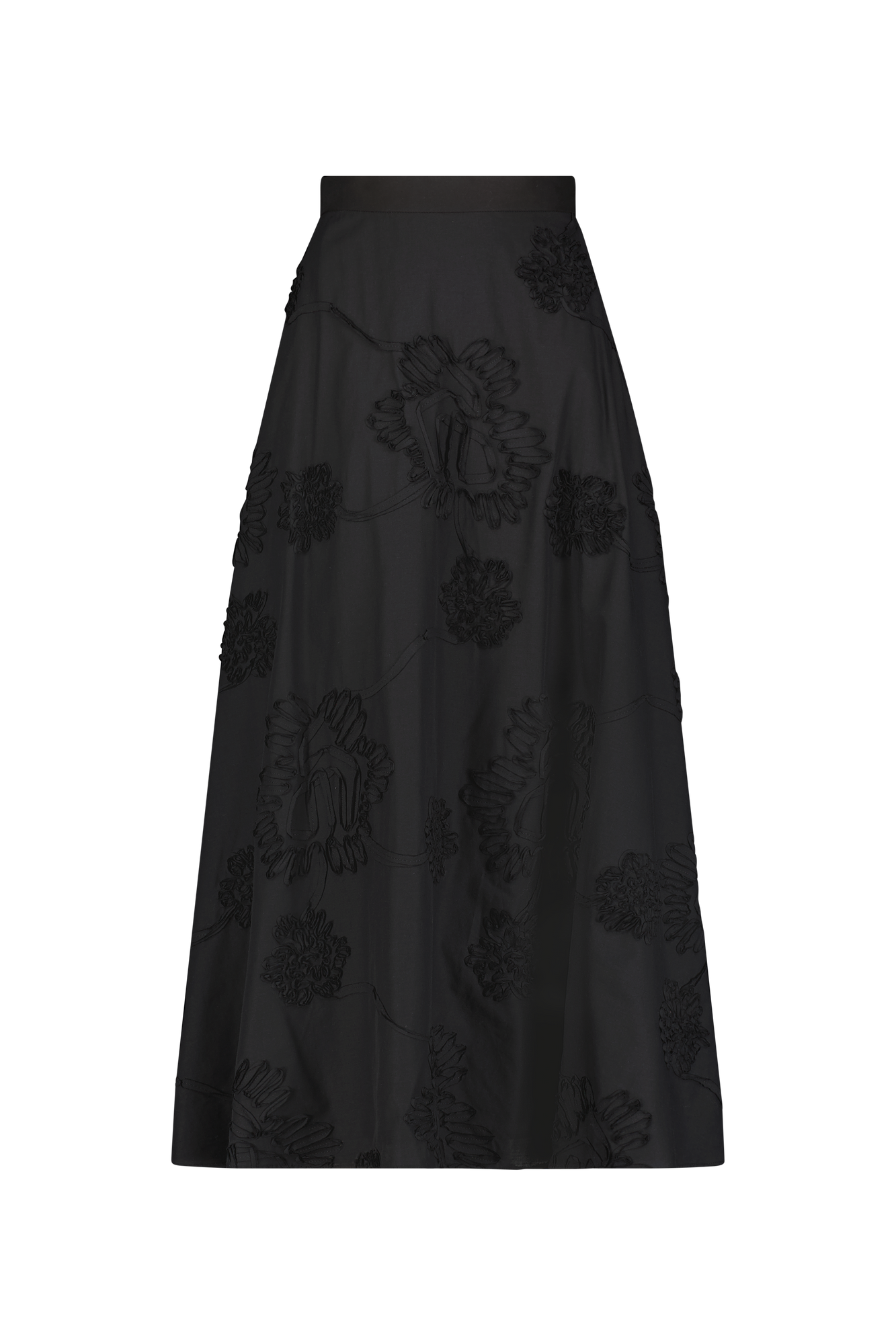 Ribbon Embroidered Cotton Full Skirt | Black