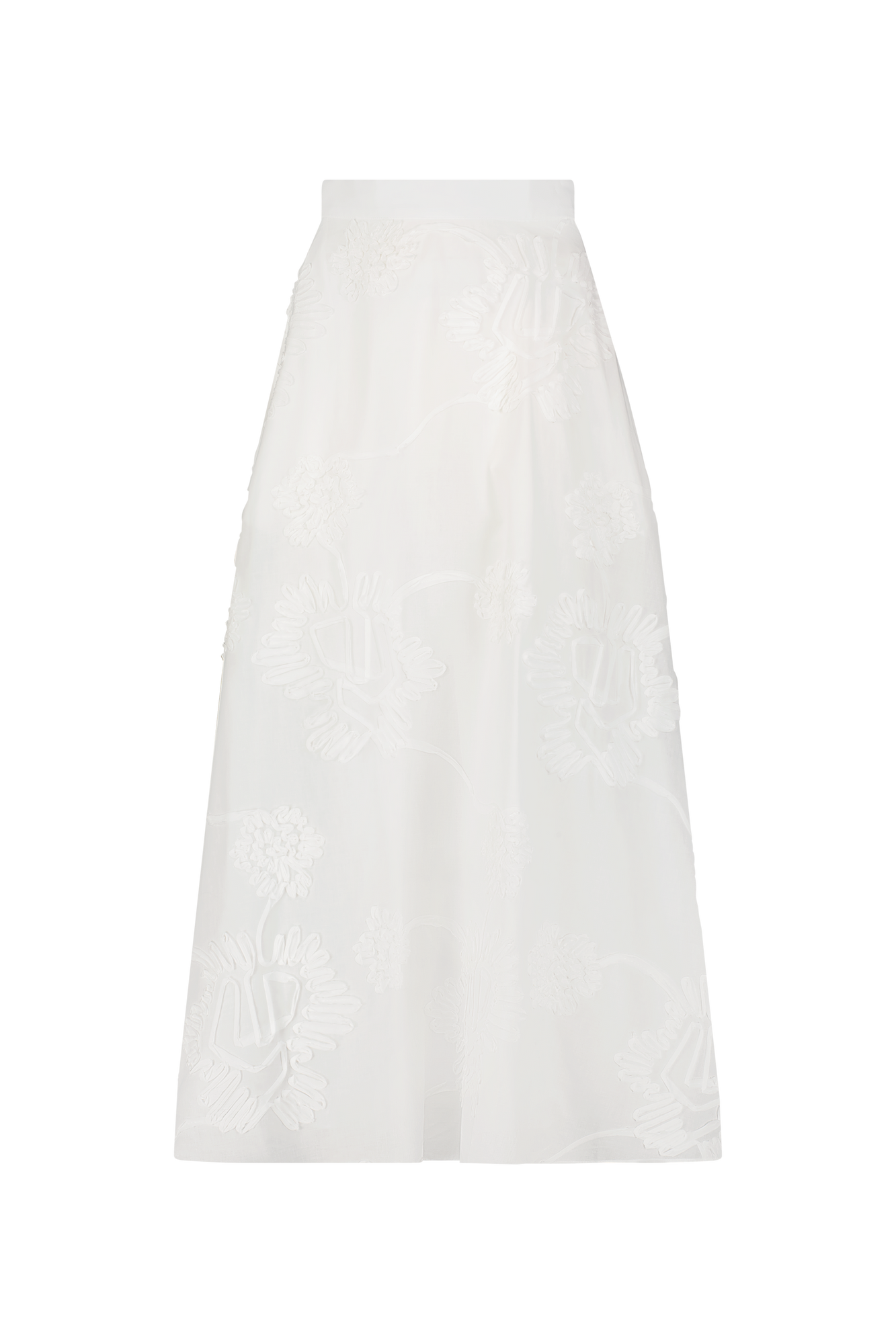 Ribbon Embroidered Cotton Full Skirt | White