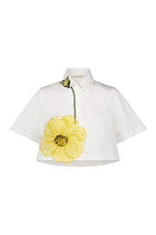 Peony Embroidered Cotton Poplin Cropped Shirt | White/Yellow