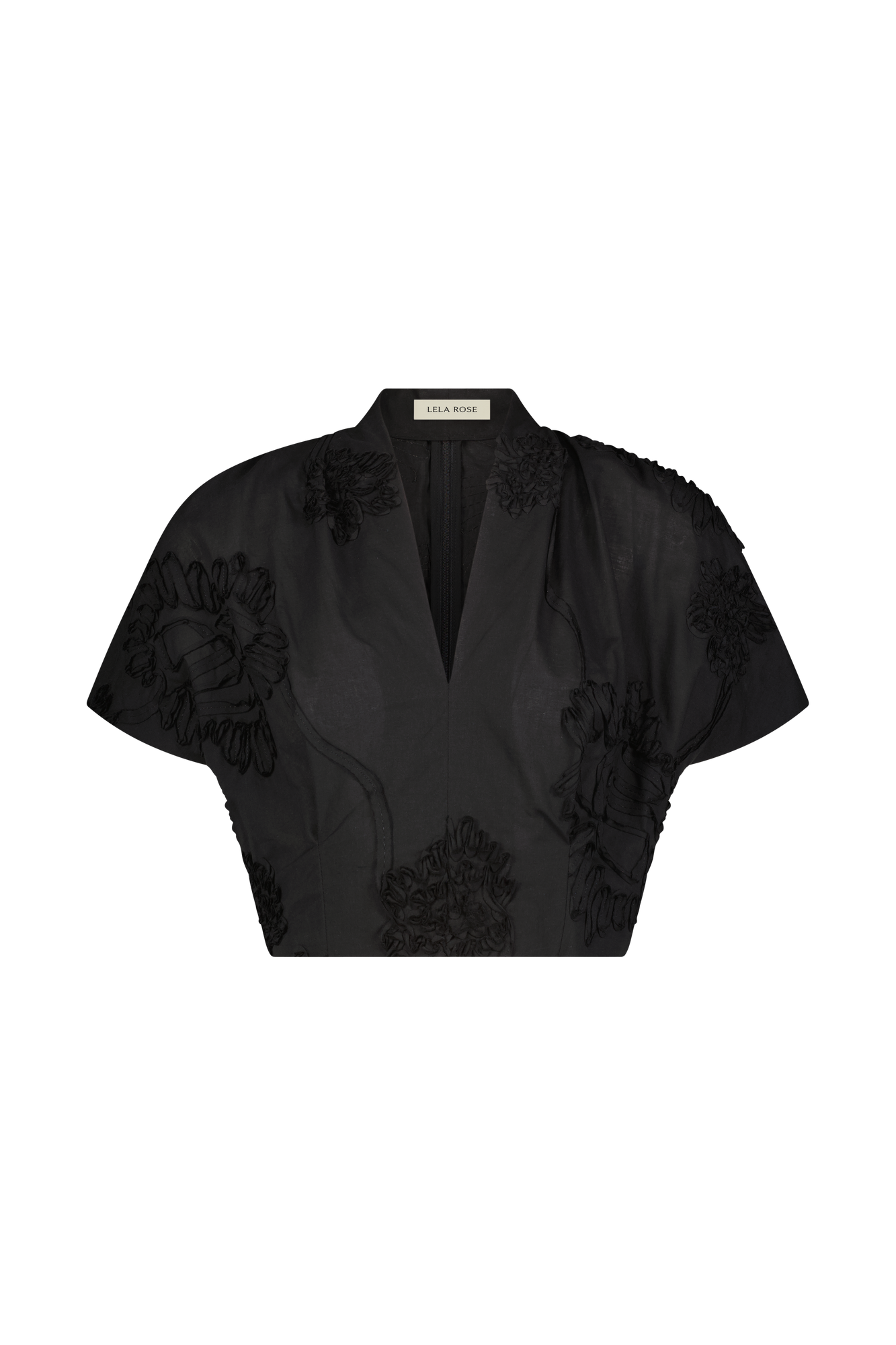 Ribbon Embroidered Cotton V-Neck Top | Black