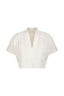 Ribbon Embroidered Cotton V-Neck Top | White