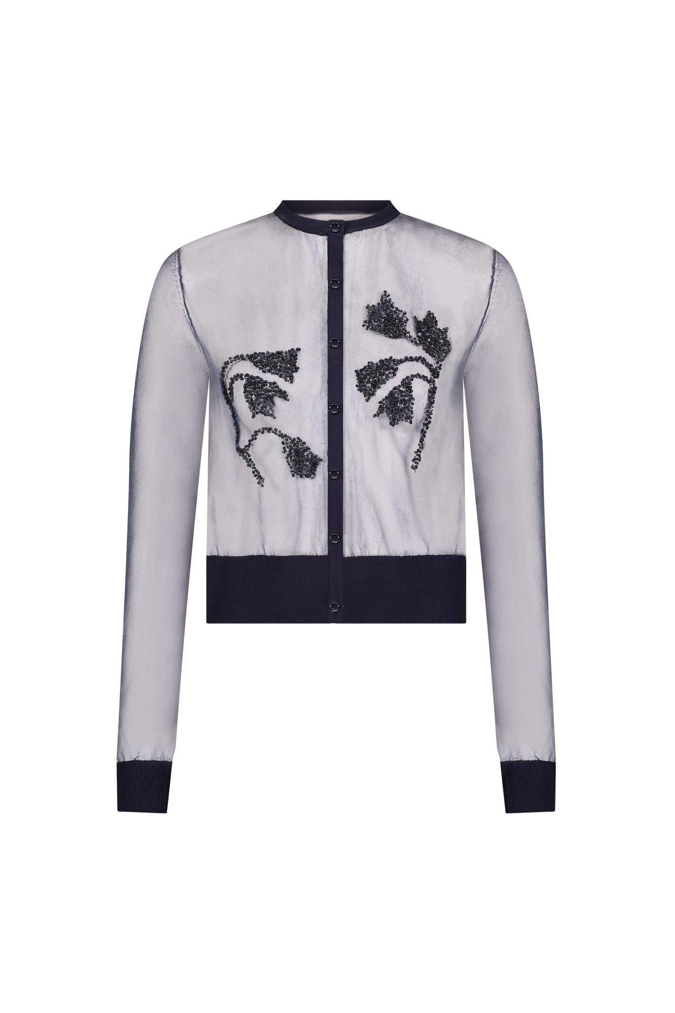 Floral Jacquard Knit Sheer Beaded Cardigan | Navy