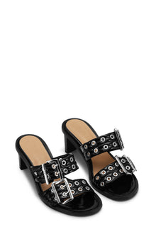 Feminine Buckle Heeled Mule Sandales | Black
