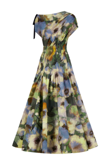 Floral Printed Cotton Draped Shoulder Pleated Dress | Cactus Multi