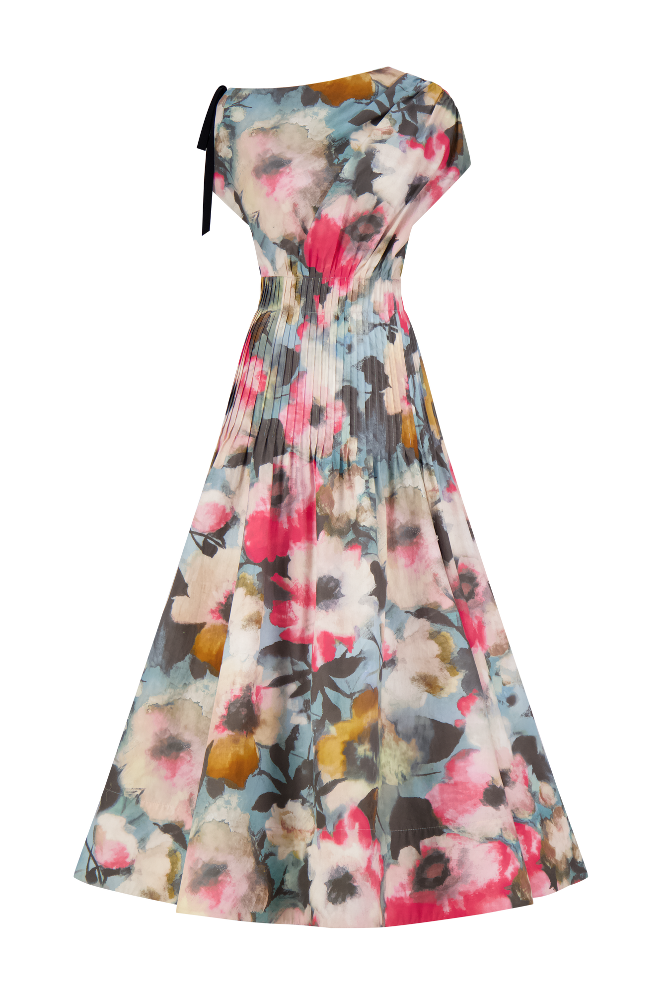 Floral Printed Cotton Draped Shoulder Pleated Dress | Mist Multi