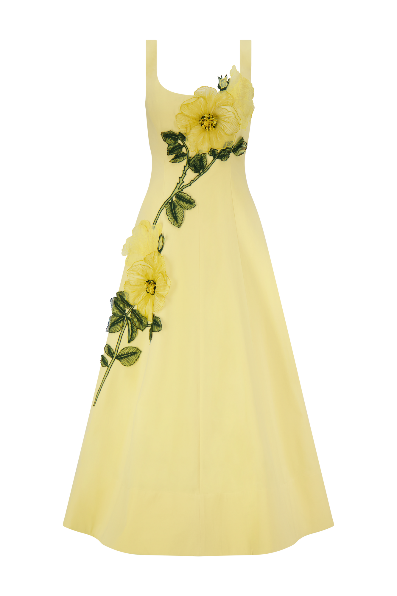 Peony Embroidered Stretch Cotton Full Dress | Butter/Yellow