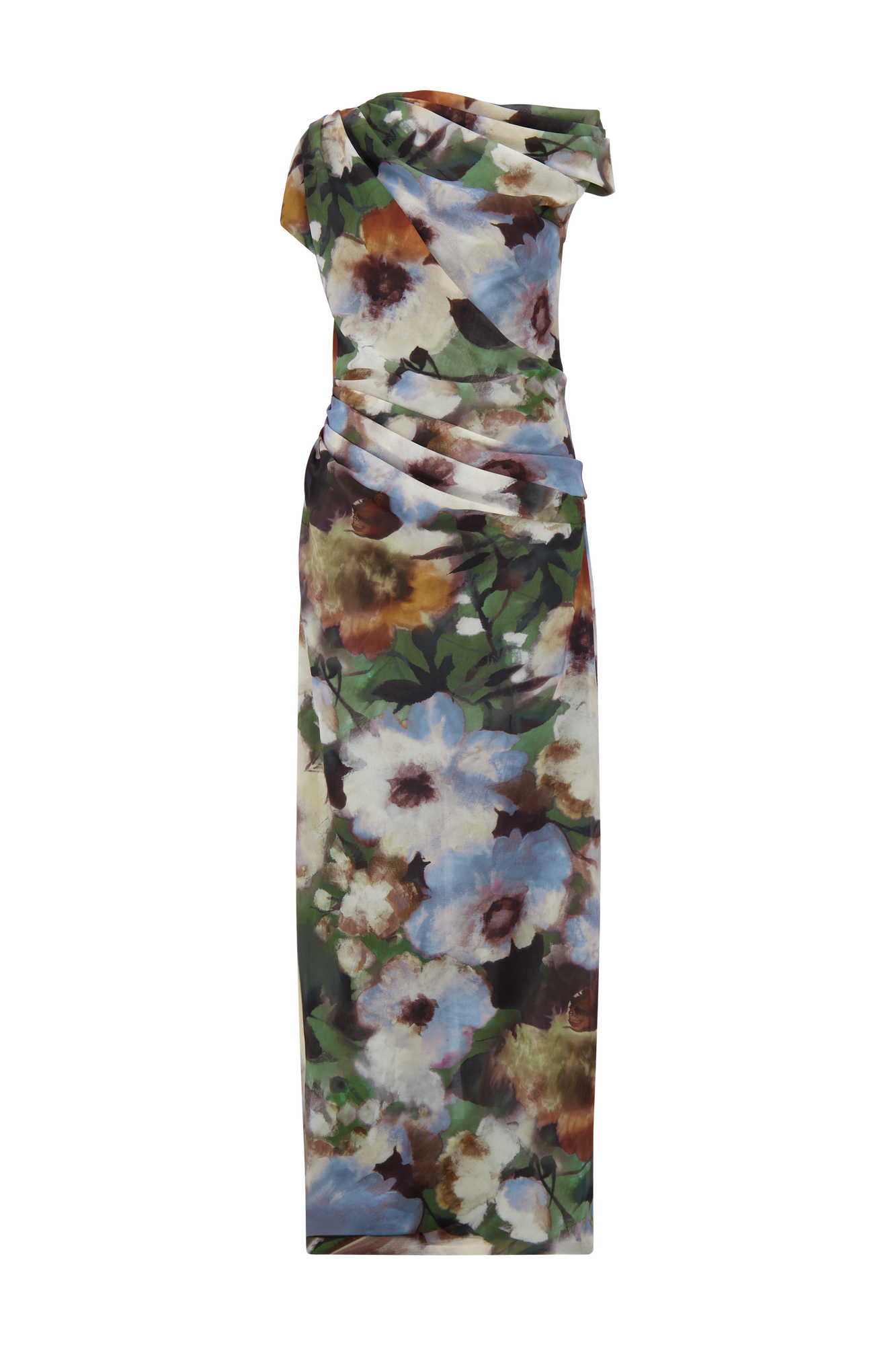 Floral Printed Chiffon Draped Column Gown | Cactus Multi