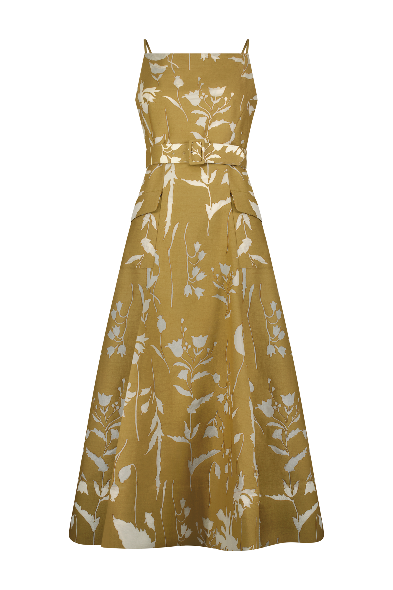 Floral Jacquard Belted Dress | Camel