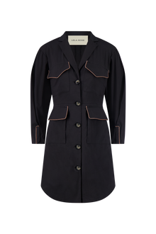 Cotton Poplin Leather Trim Dress | Black