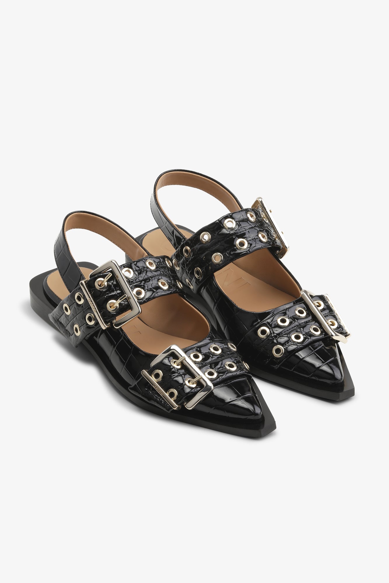 Feminine Buckle Ballerinas in Black Croco Patent | Black
