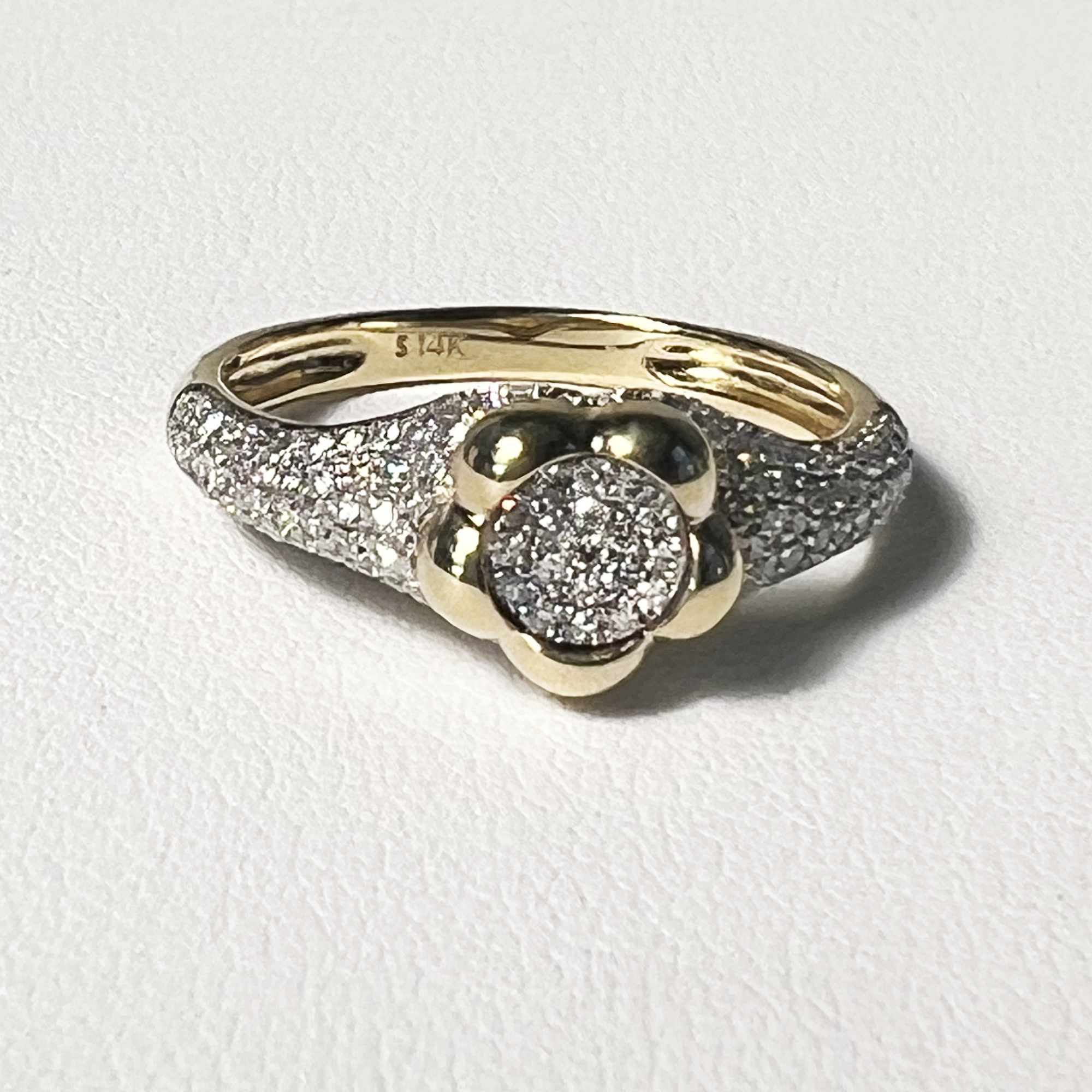 Puffy Flower All Pave Signet Ring | 14K Yellow Gold | 0.82 CTW (Approx) White Diamond