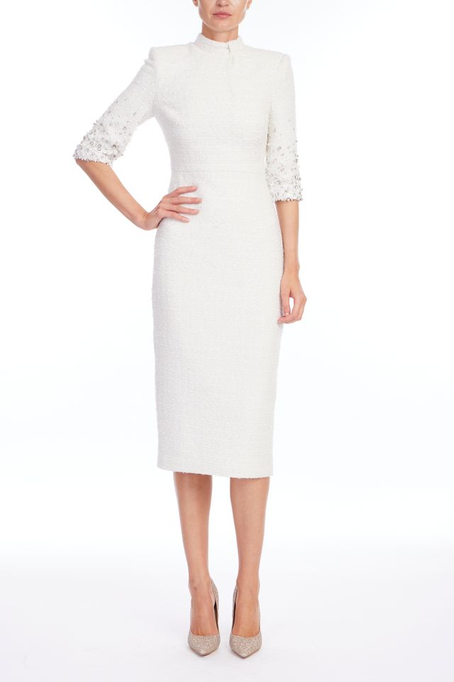 Badgley Mischka | 3/4 Beaded Tweed Cocktail Dress | Ivory
