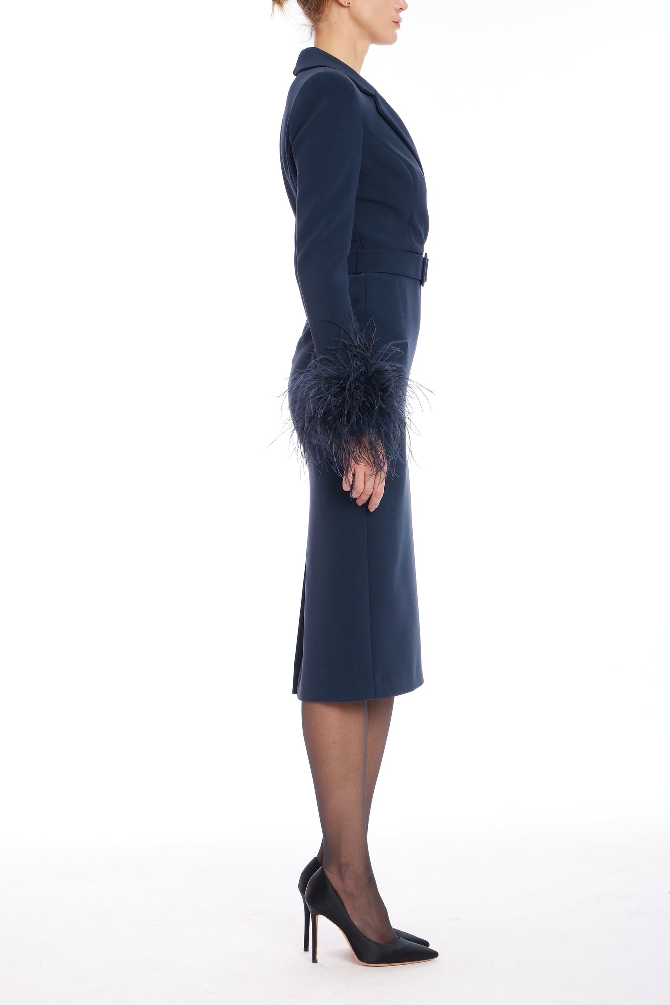 Badgley Mischka | Feather Cuff Belted Cocktail Dress | Navy