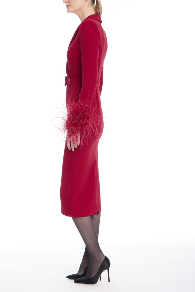 Badgley Mischka | Feather Cuff Belted Cocktail Dress | Ruby
