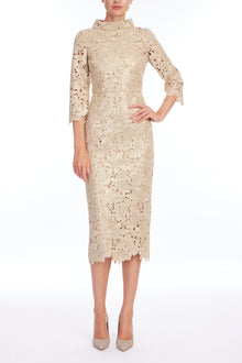 Badgley Mischka | Gold High Neck Long Sleeve Cocktail Dress with Belt | Gold