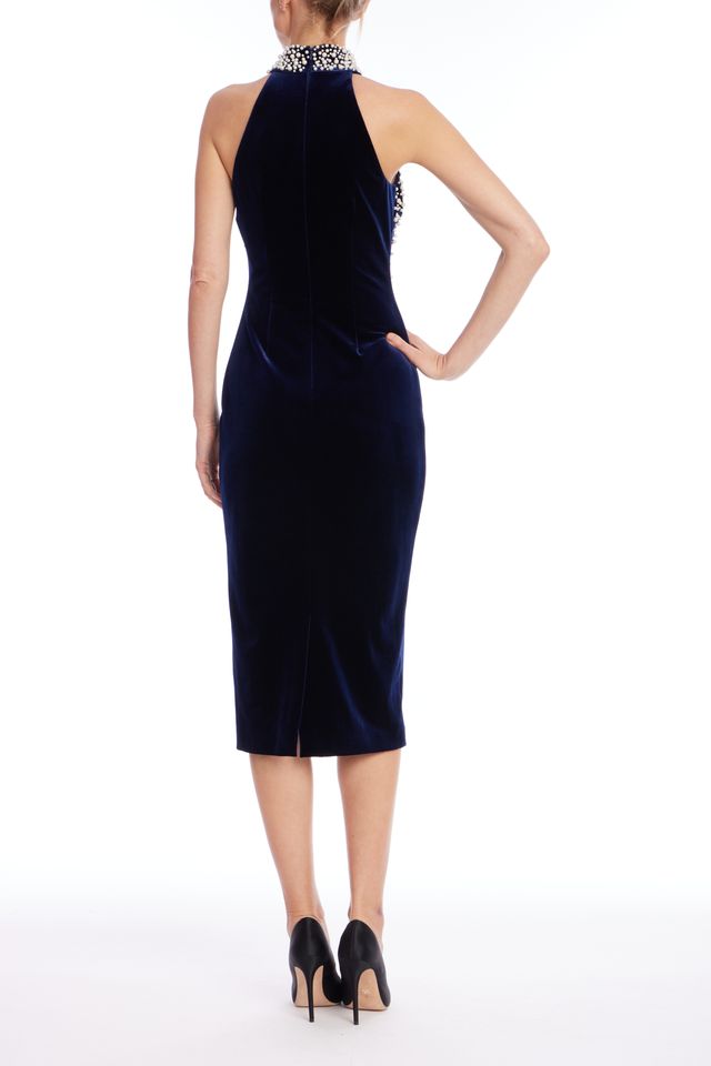 Badgley Mischka | Navy Velvet Pearl-Embellished Halter Midi Dress | Navy