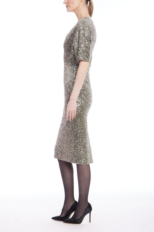 Badgley Mischka | Gunmetal Sequin V-Neck Midi Dress | Gunmetal