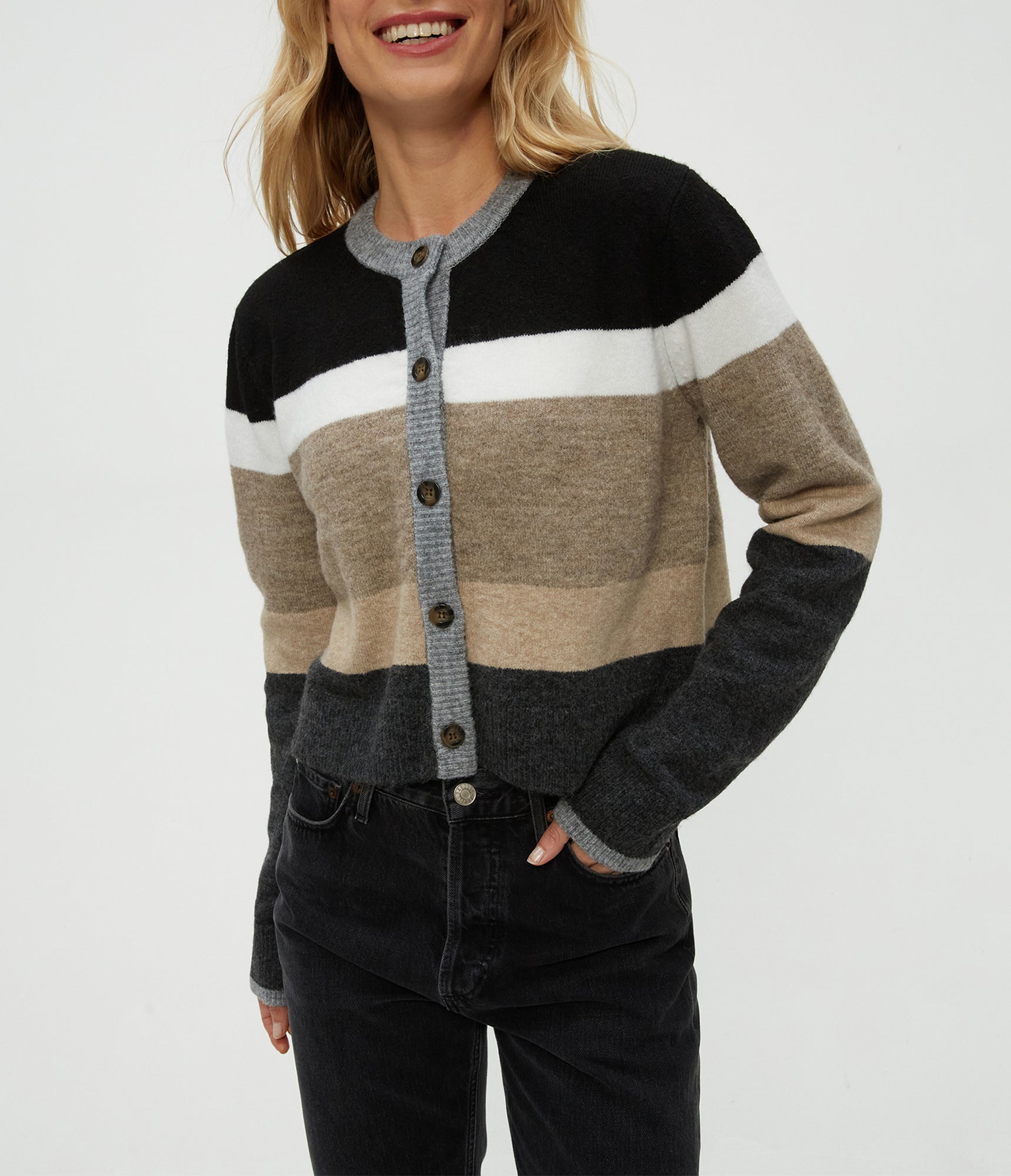 Fiona Stripe Crewneck Cardigan | Neutral Stripe