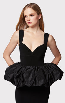 Ruched Nylon Peplum Midi Dress | Black