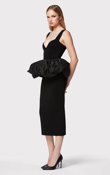 Ruched Nylon Peplum Midi Dress | Black