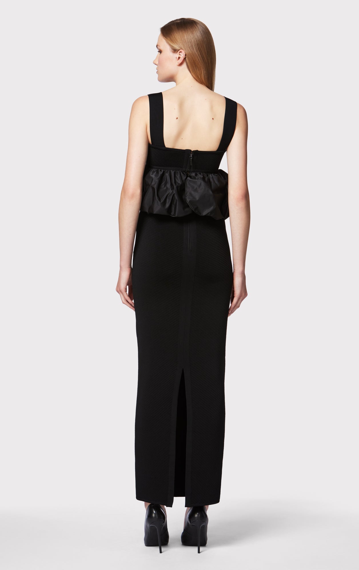 Ruched Nylon Peplum Gown | Black