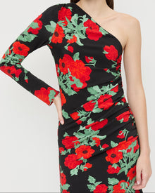 Selena Dress in black floral jersey fabric.
