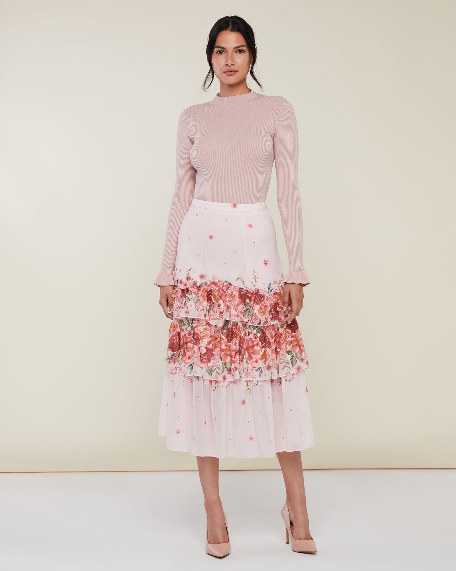 Tiered Midi Skirt | Peach Blush Floral Multi