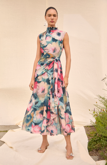 Floral Printed Chiffon Draped Dress | Mist Multi