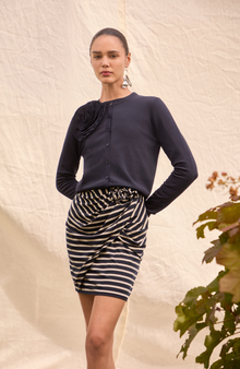 Striped Jersey Rose Ruched Dress | Navy/Cream