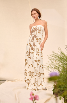 Floral Jacquard Knit Beaded Strapless Dress | Cream/Camel
