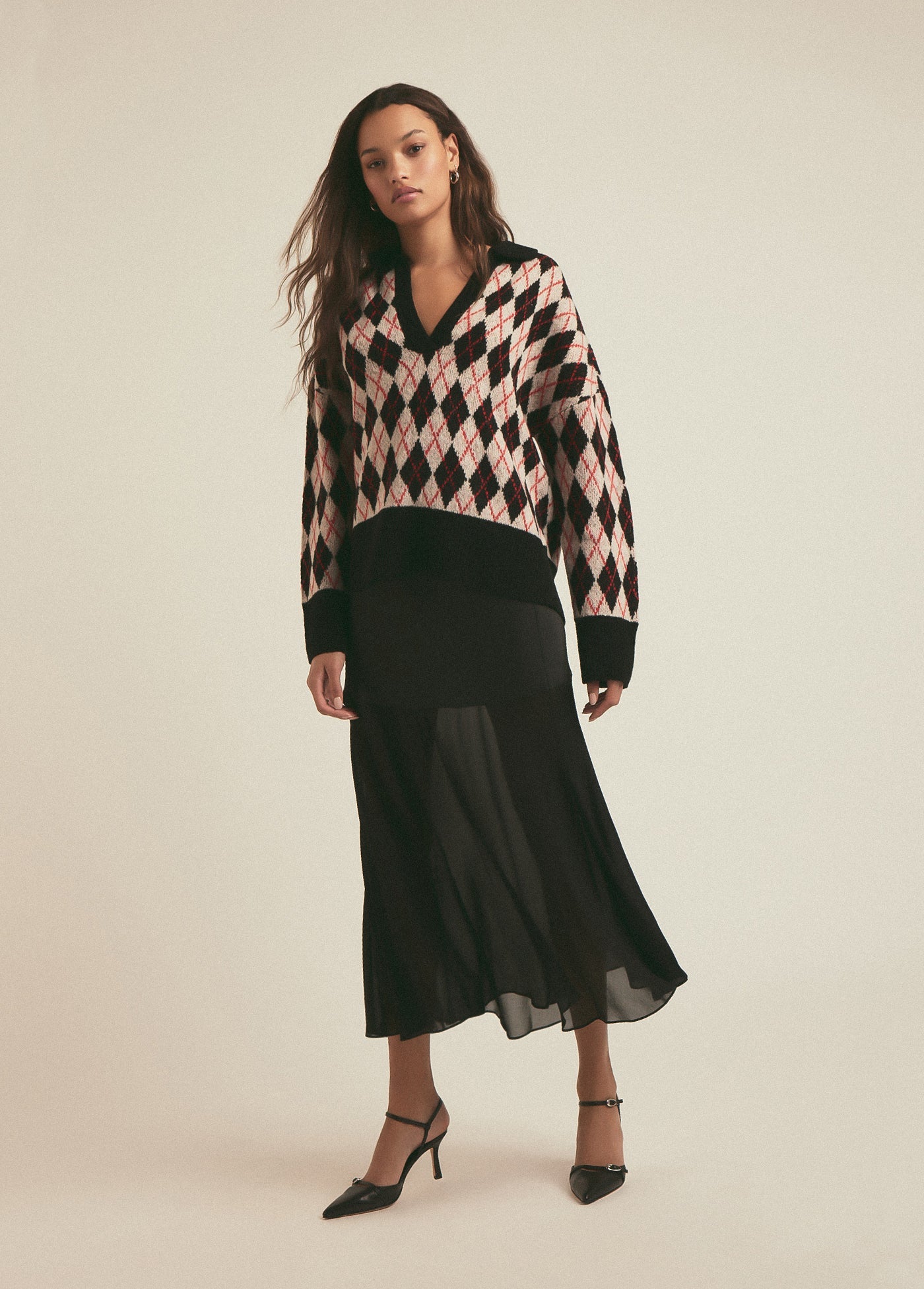 The Aria Sweater | Black Red Argyle