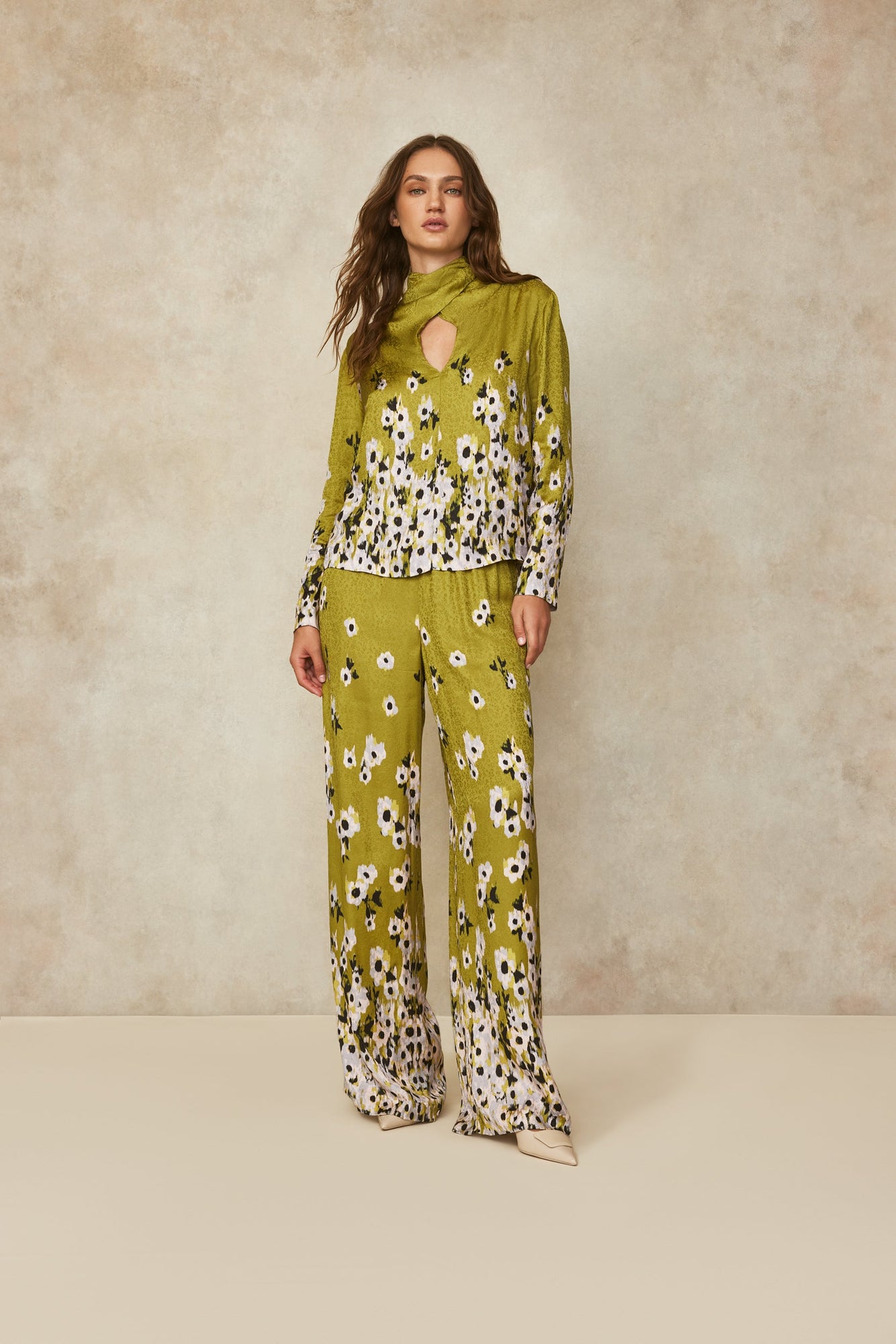Floral Crepe Tie Neck Blouse | Moss Multi