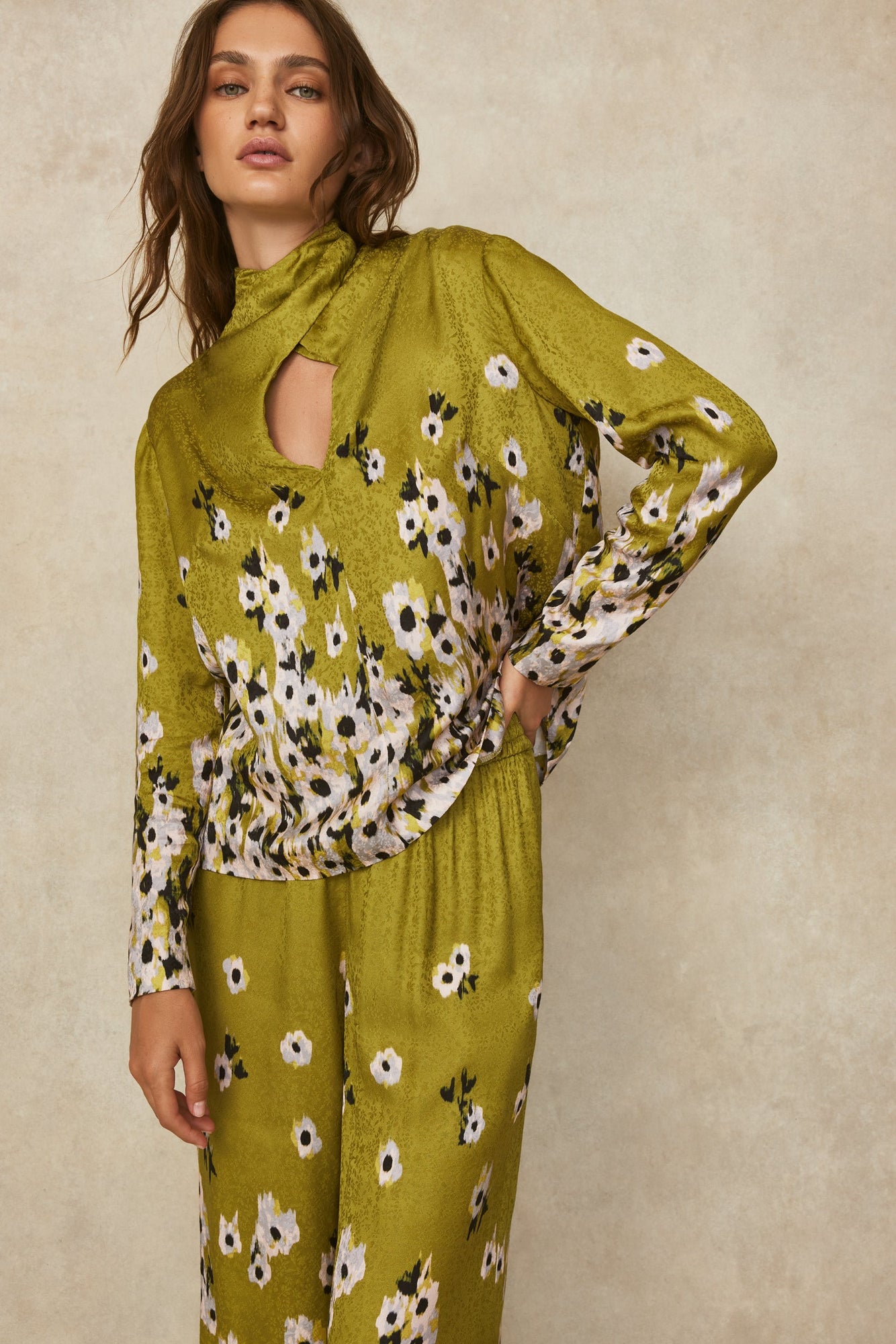 Floral Crepe Tie Neck Blouse | Moss Multi