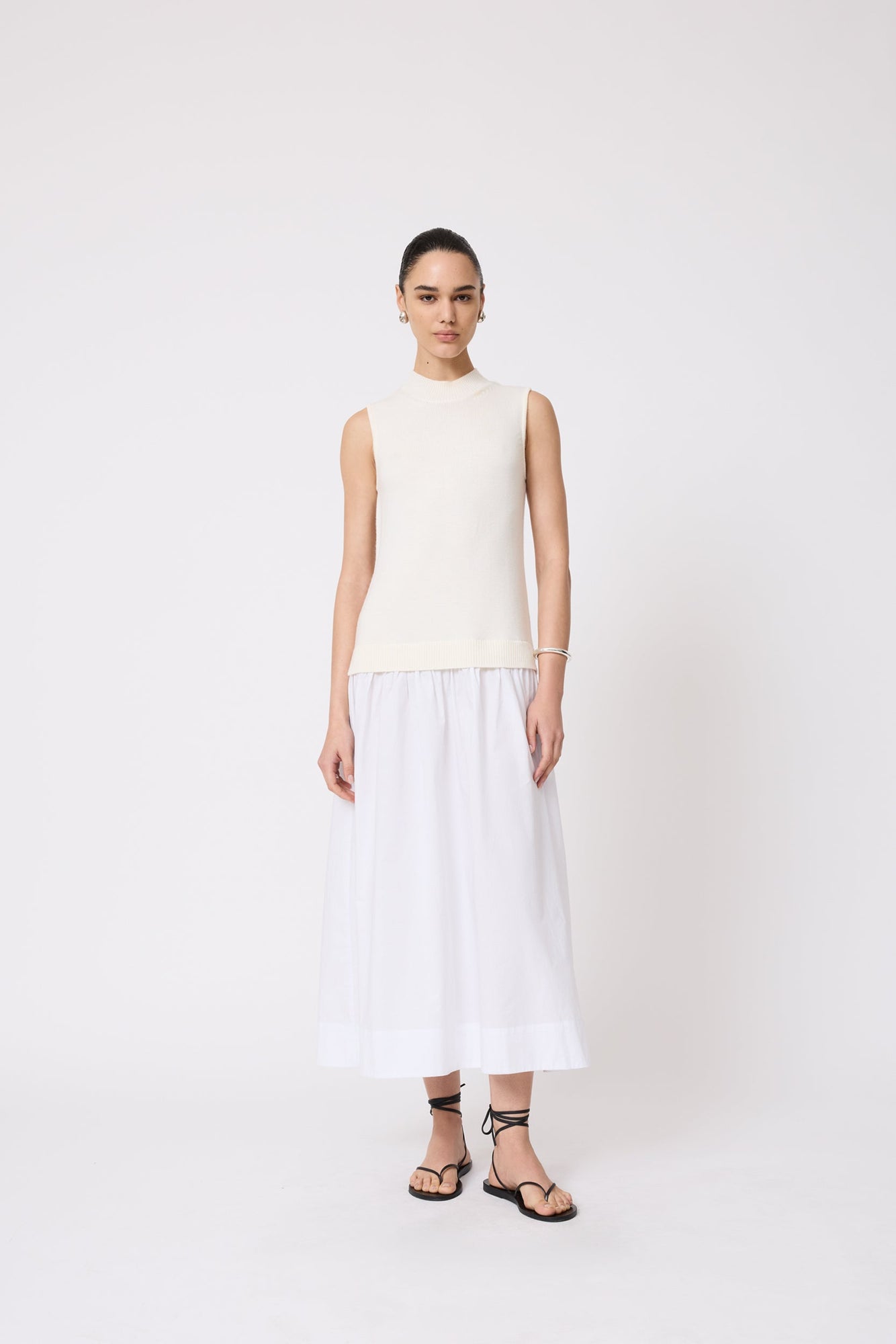 Poplin Combo Midi Knit Dress | Bone