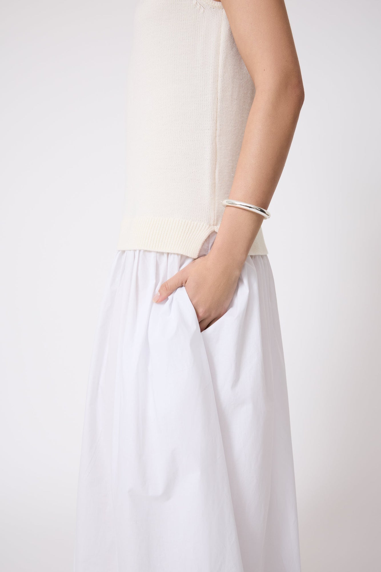 Poplin Combo Midi Knit Dress | Bone