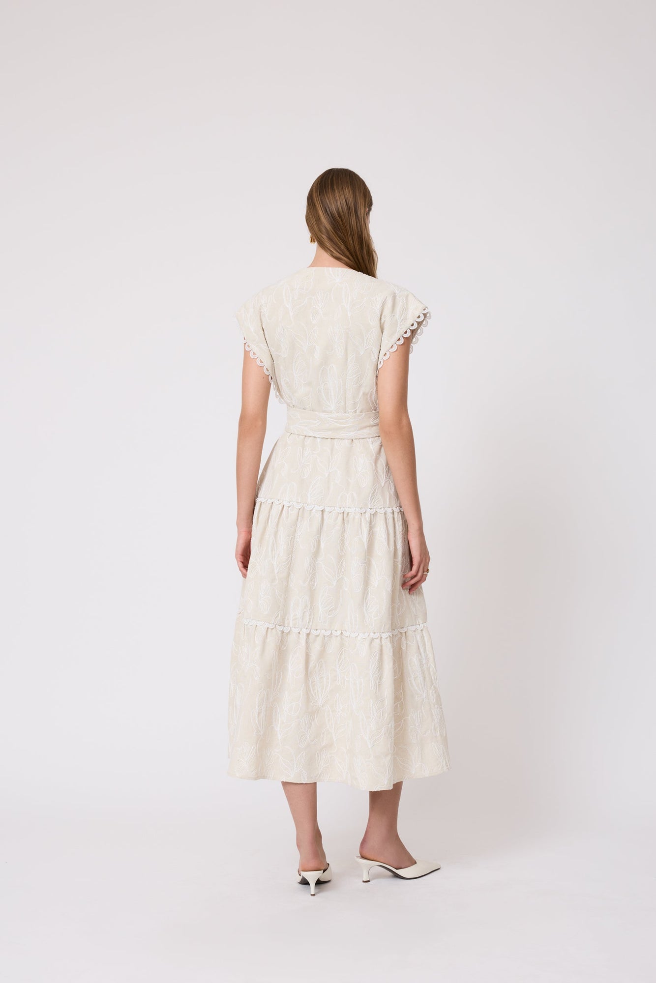 Thread Embroidered Canvas Tiered Dress | Bone