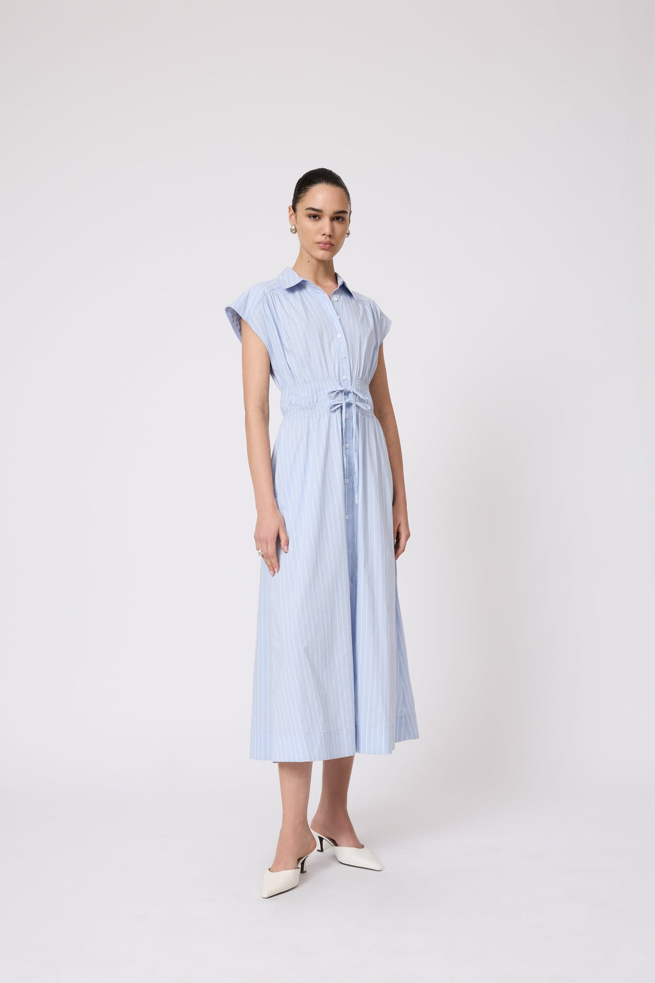 Striped Cotton Poplin Smocked Midi Dress | Cloud