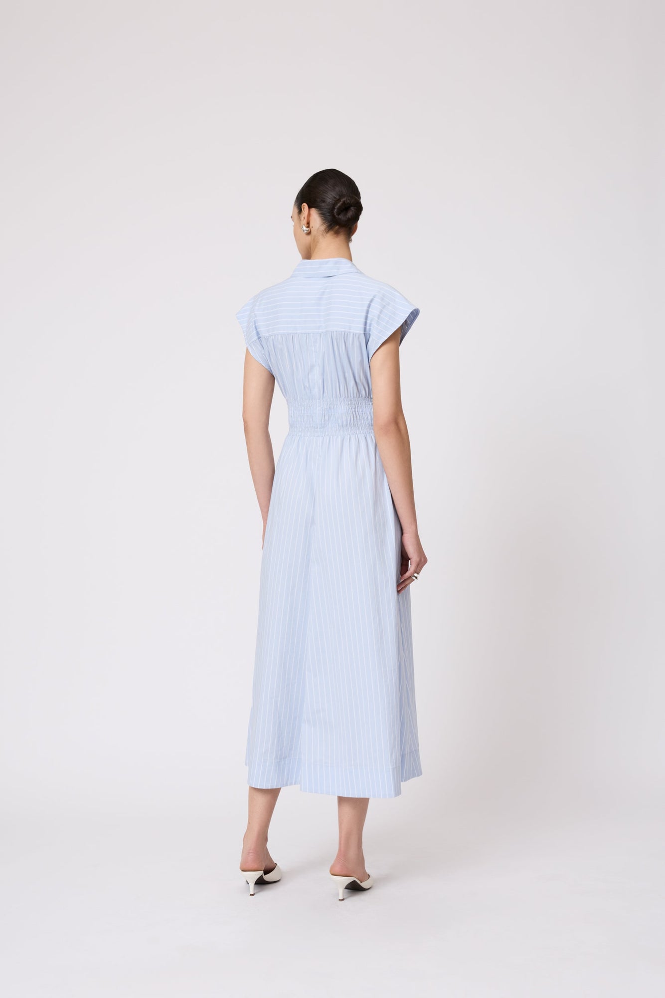 Striped Cotton Poplin Smocked Midi Dress | Cloud