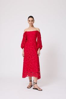 Embroidered Eyelet Off the Shoulder Dress | Cherry