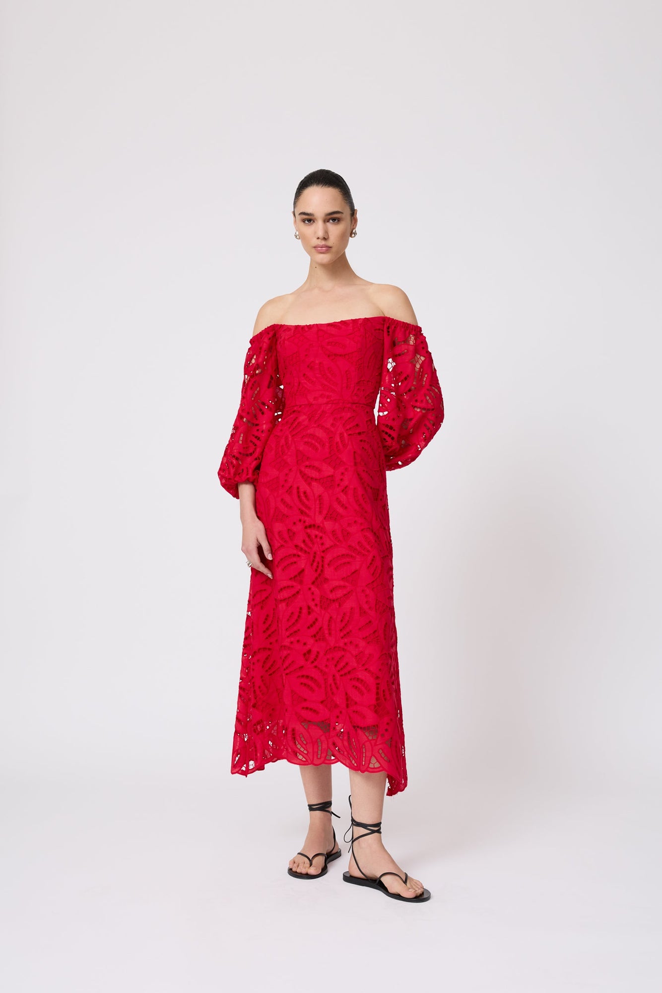 Embroidered Eyelet Off the Shoulder Dress | Cherry