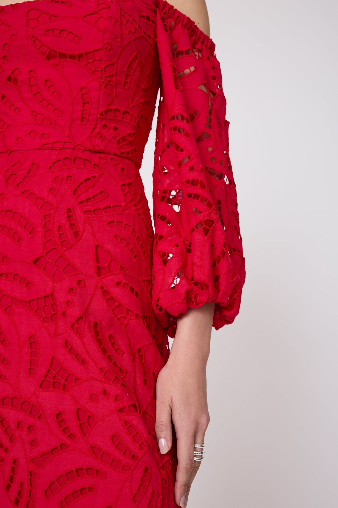 Embroidered Eyelet Off the Shoulder Dress | Cherry